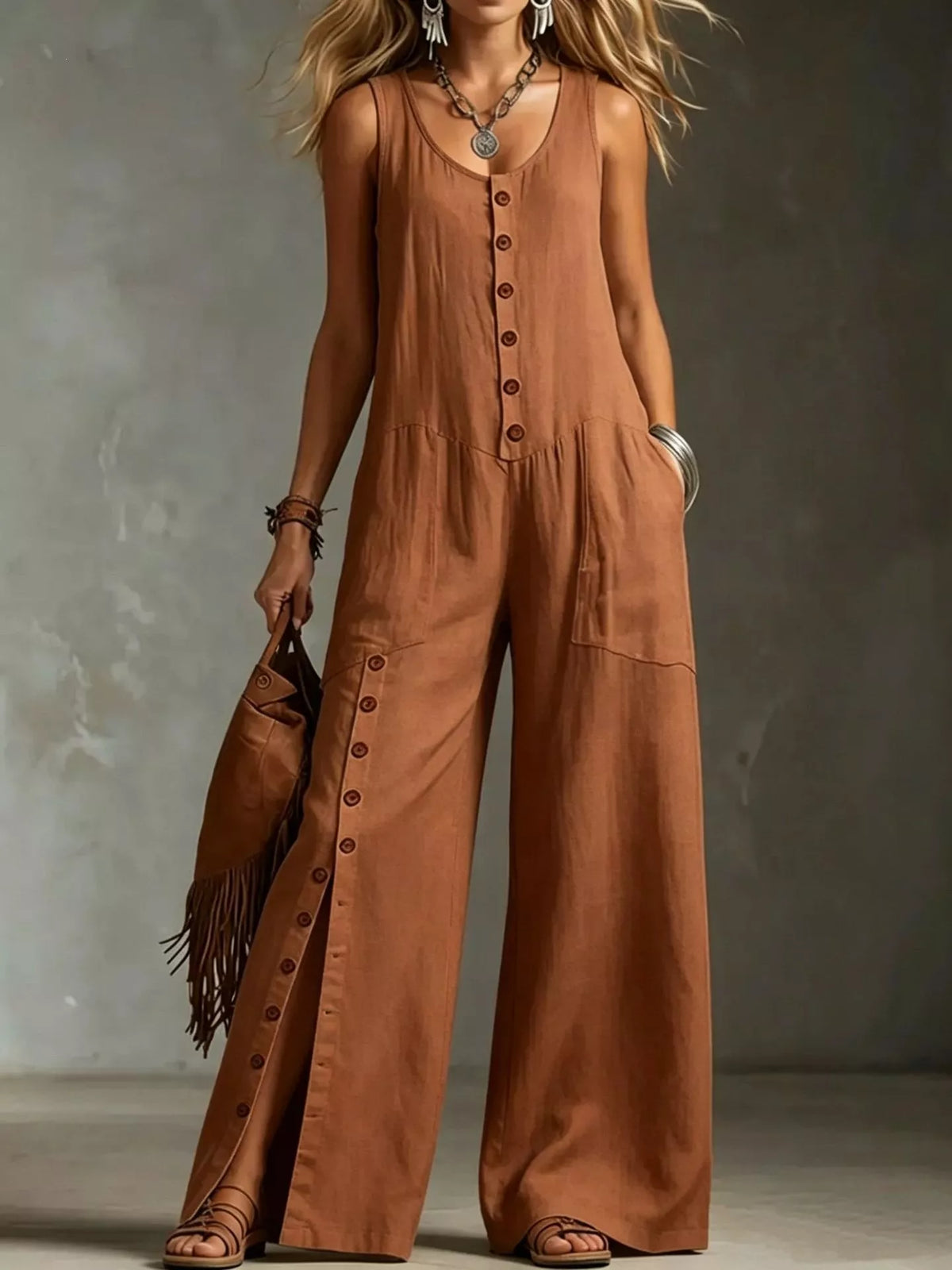 Sleeveless Button-Front Wide-Leg Jumpsuit - WYNFLARE