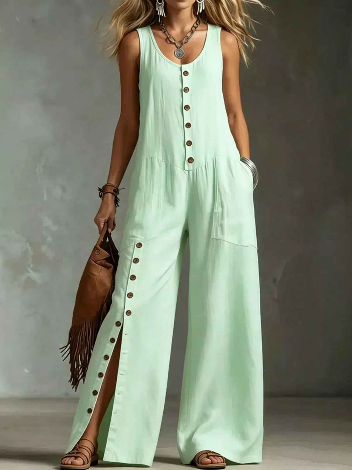 Sleeveless Button-Front Wide-Leg Jumpsuit - WYNFLARE