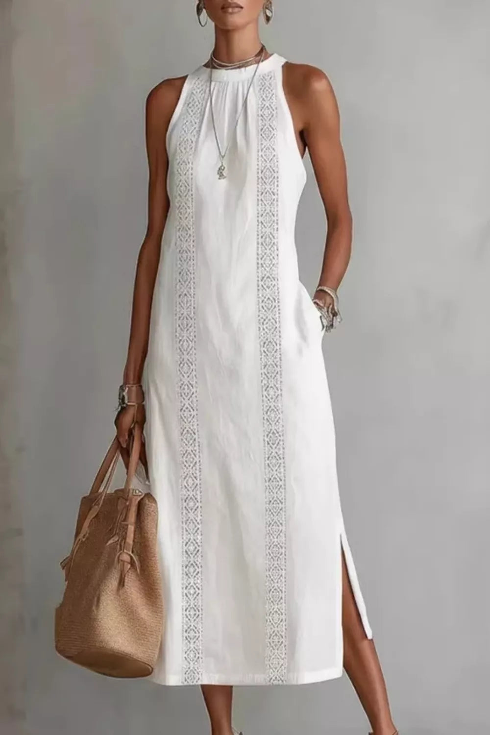 Sleeveless Side Slit Dress with Pockets - WYNFLARE