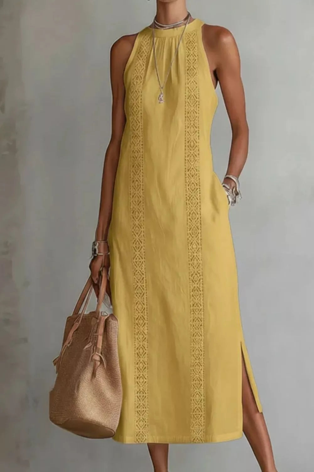 Sleeveless Side Slit Dress with Pockets - WYNFLARE