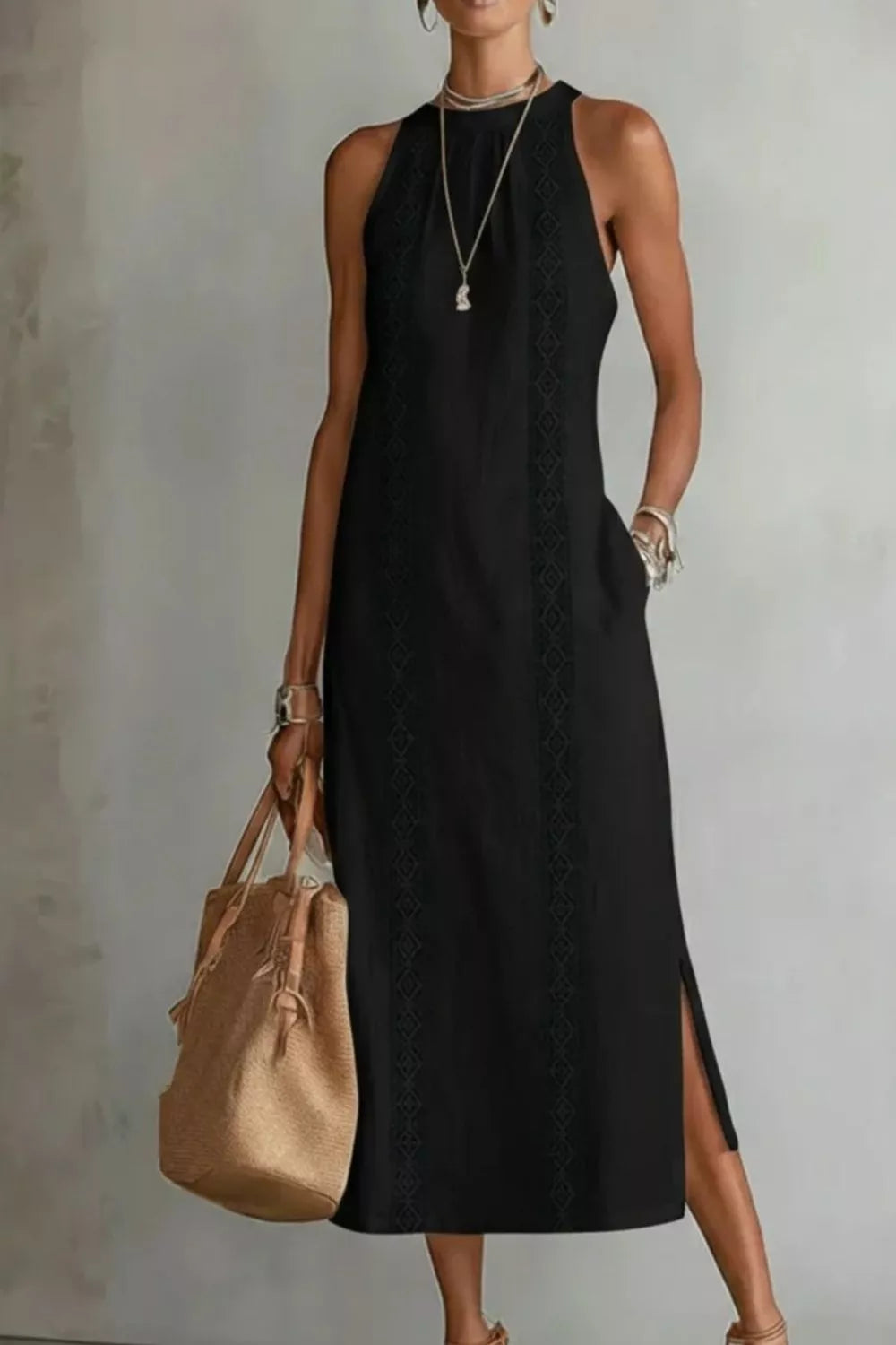 Sleeveless Side Slit Dress with Pockets - WYNFLARE