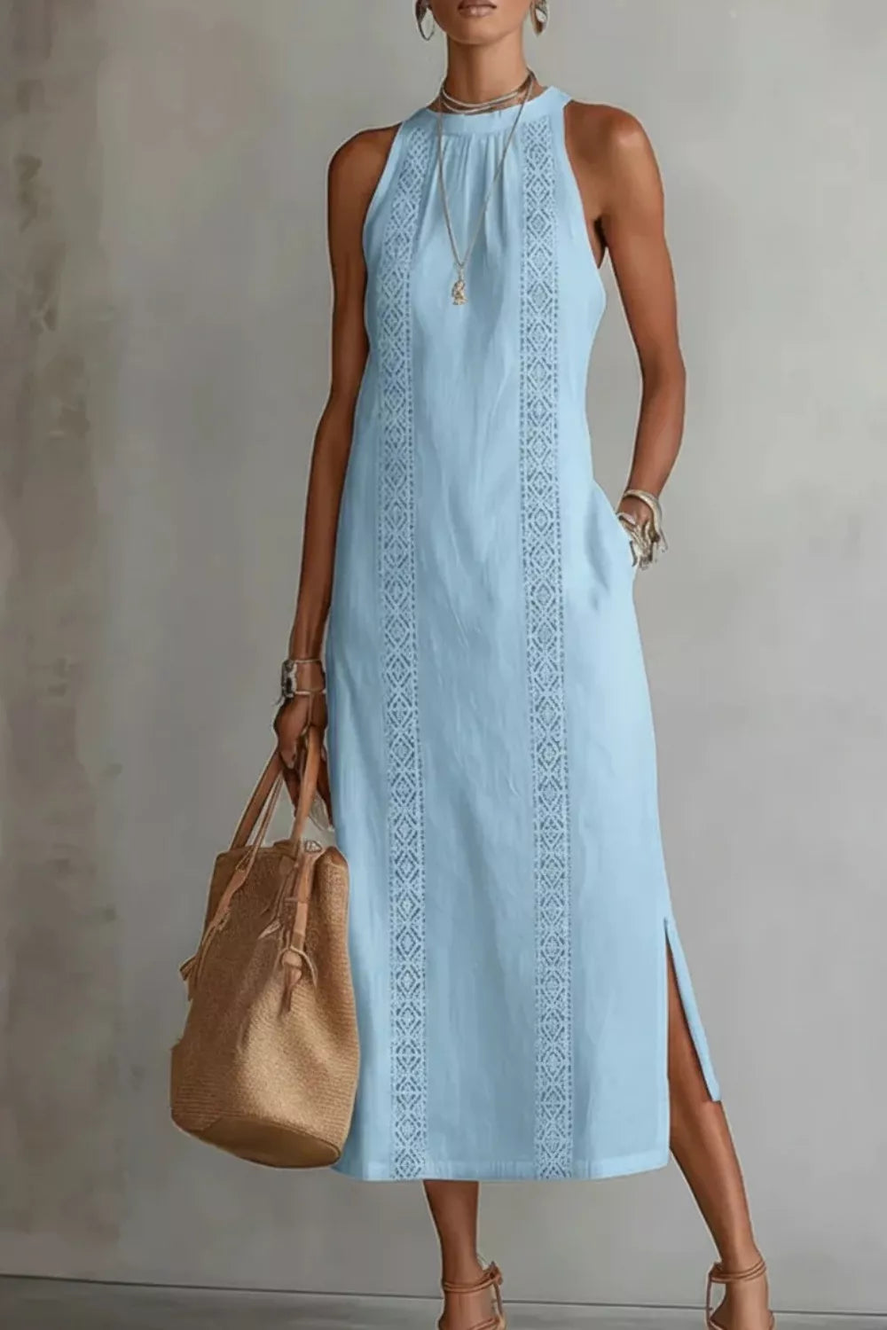 Sleeveless Side Slit Dress with Pockets - WYNFLARE