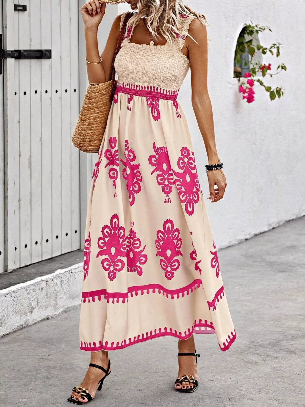 Smocked Printed Square Neck Maxi Dress - WYNFLARE