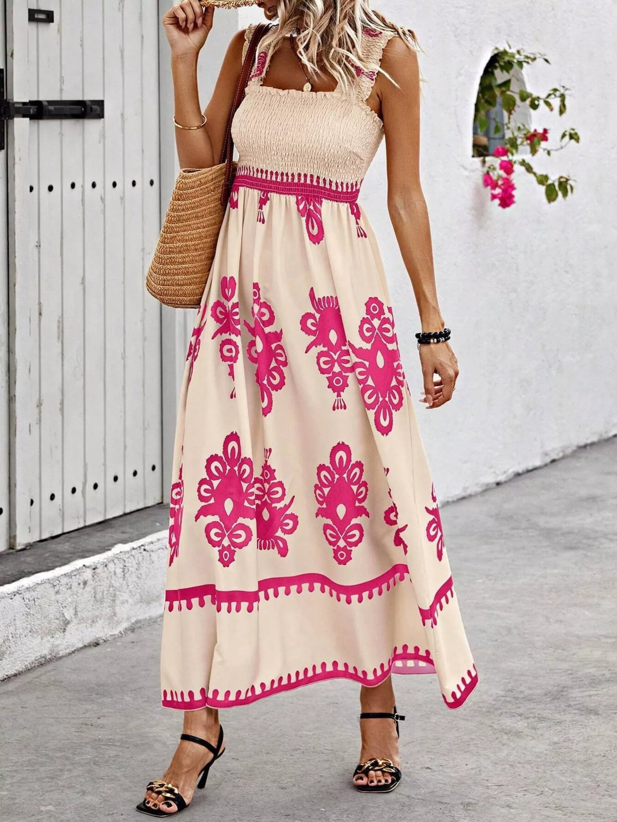 Smocked Printed Square Neck Maxi Dress - WYNFLARE