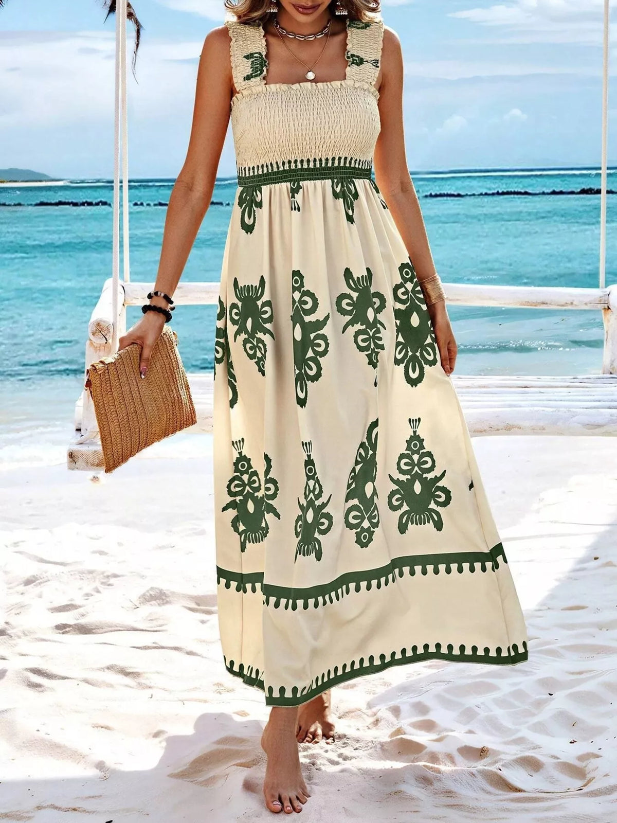 Smocked Printed Square Neck Maxi Dress - WYNFLARE