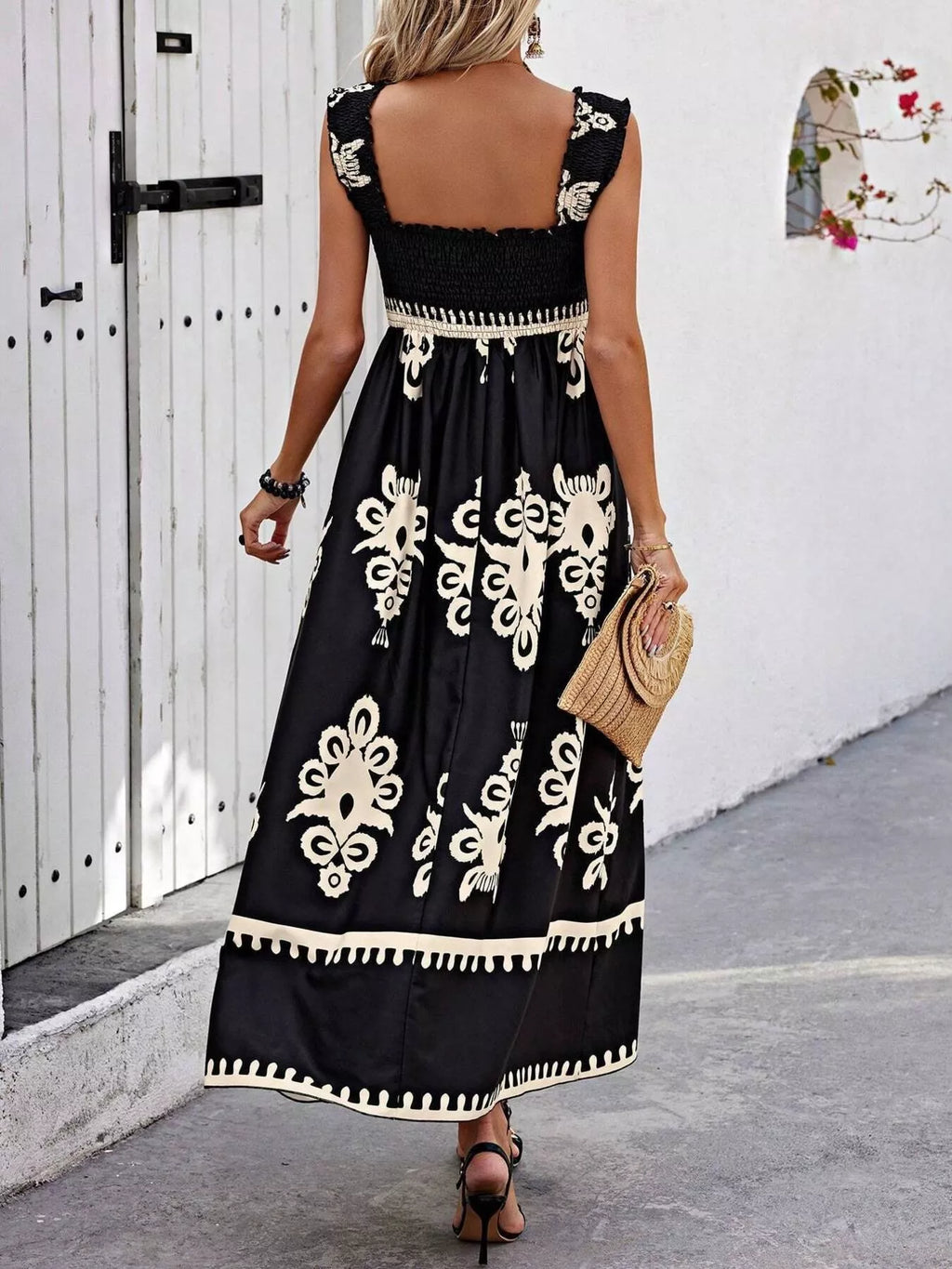 Smocked Printed Square Neck Maxi Dress - WYNFLARE