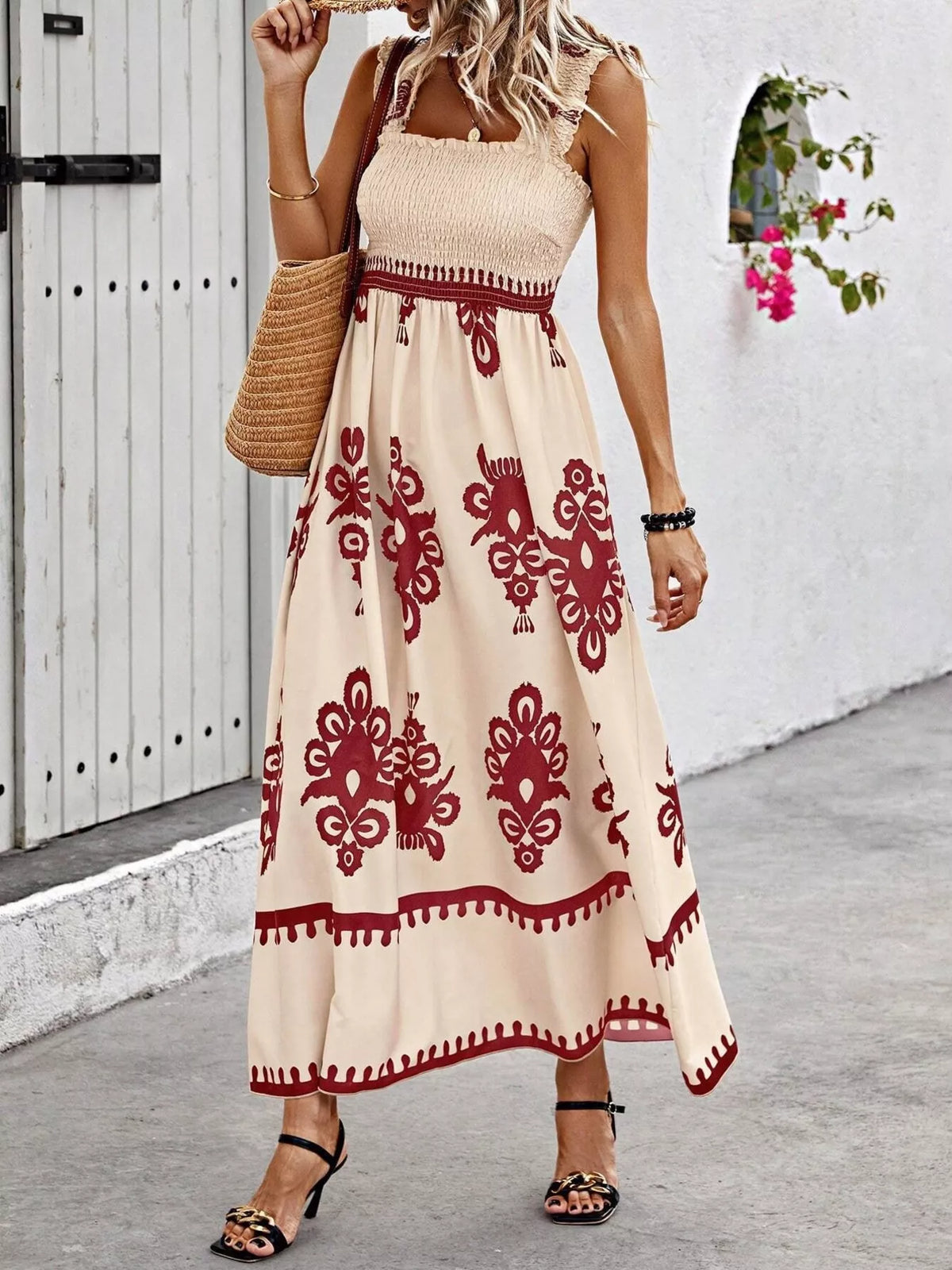 Smocked Printed Square Neck Maxi Dress - WYNFLARE