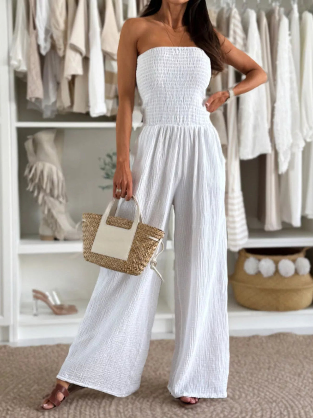 Smocked Strapless Wide-Leg Jumpsuit - WYNFLARE