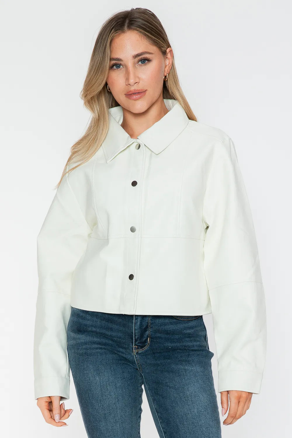 Snobbish Snap Down Long Sleeve PU Leather Jacket - WYNFLARE