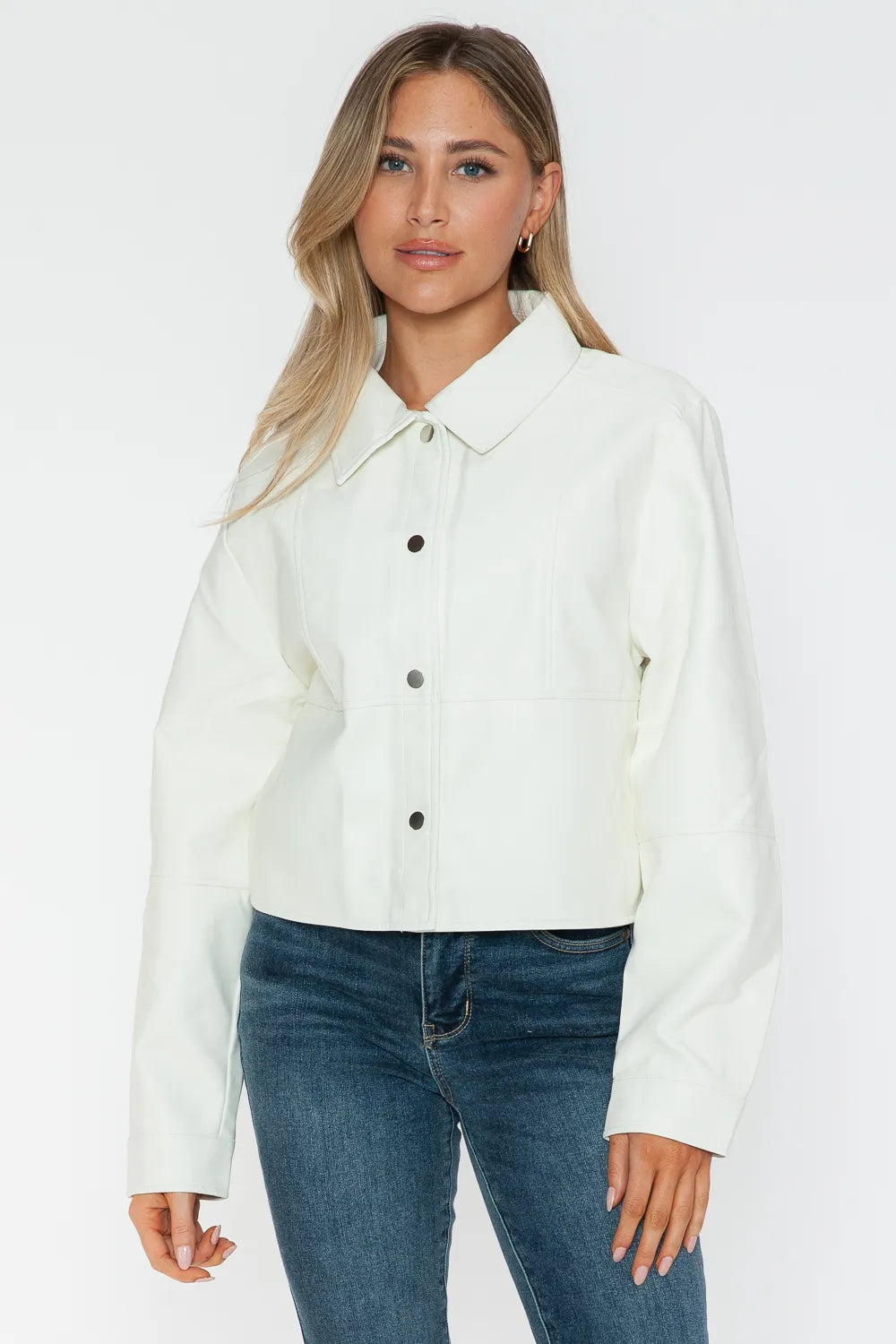 Snobbish Snap Down Long Sleeve PU Leather Jacket - WYNFLARE