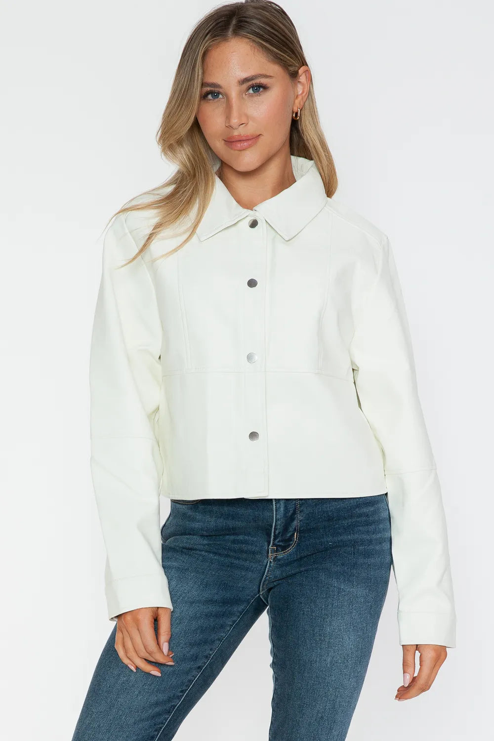 Snobbish Snap Down Long Sleeve PU Leather Jacket - WYNFLARE