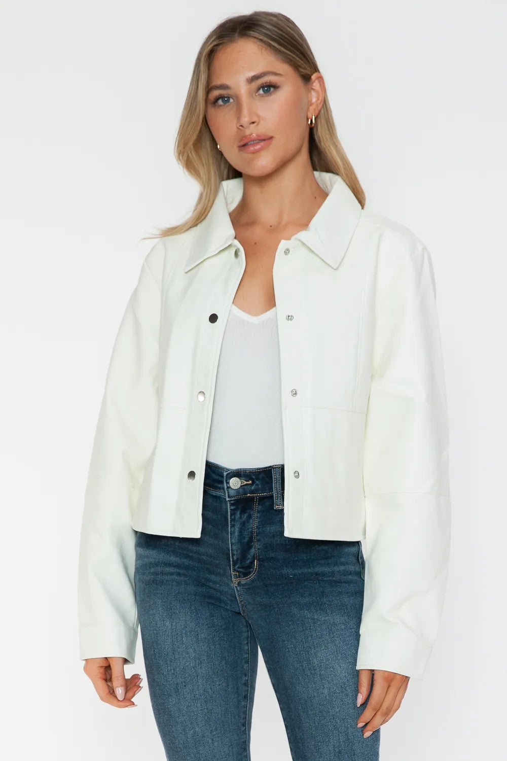Snobbish Snap Down Long Sleeve PU Leather Jacket - WYNFLARE