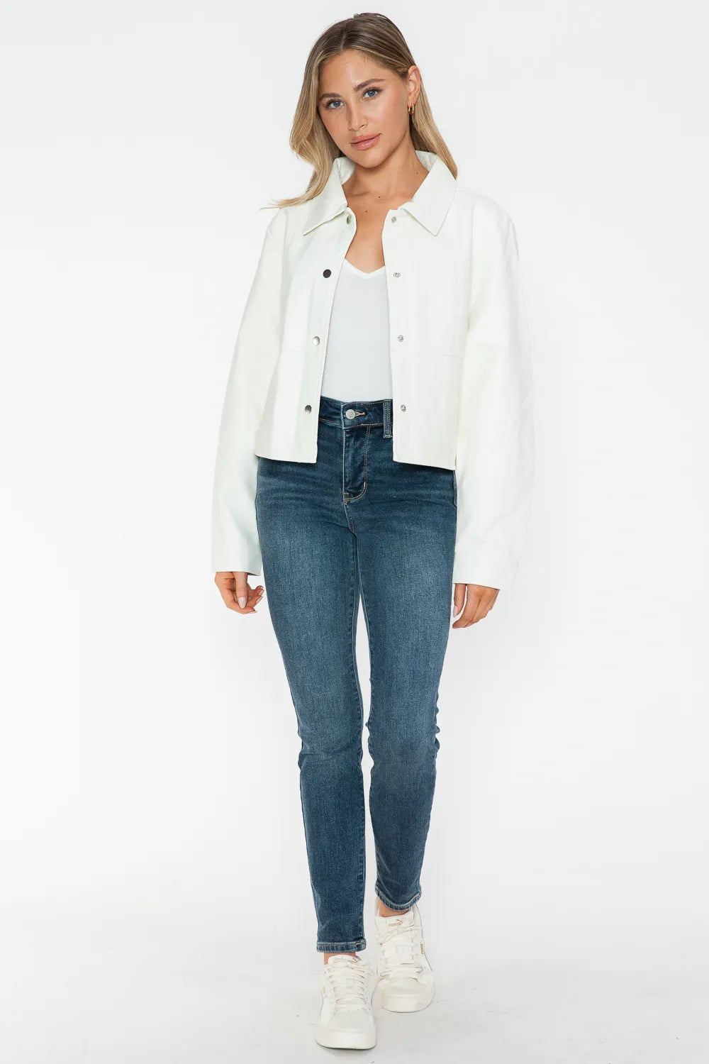 Snobbish Snap Down Long Sleeve PU Leather Jacket - WYNFLARE