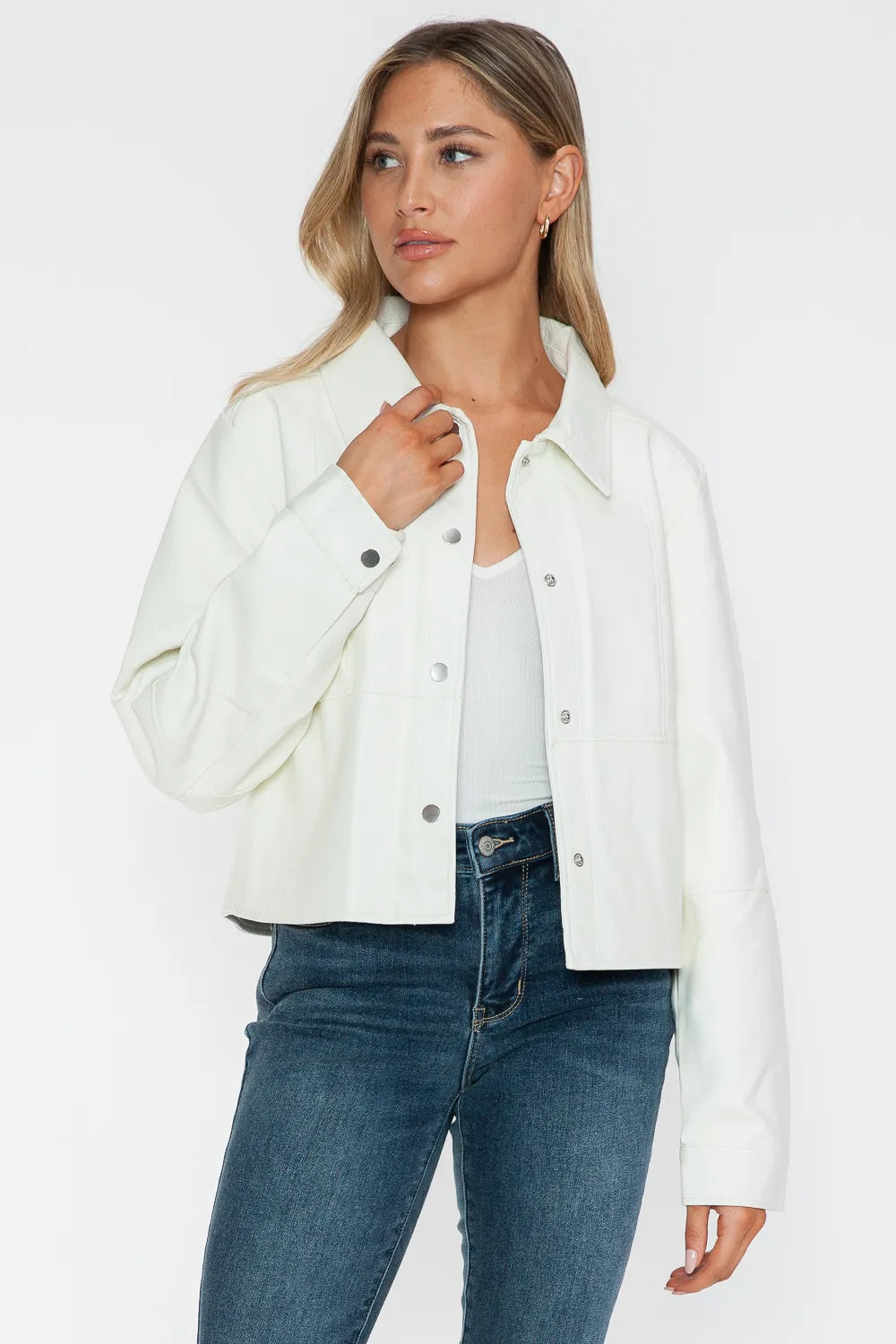 Snobbish Snap Down Long Sleeve PU Leather Jacket - WYNFLARE