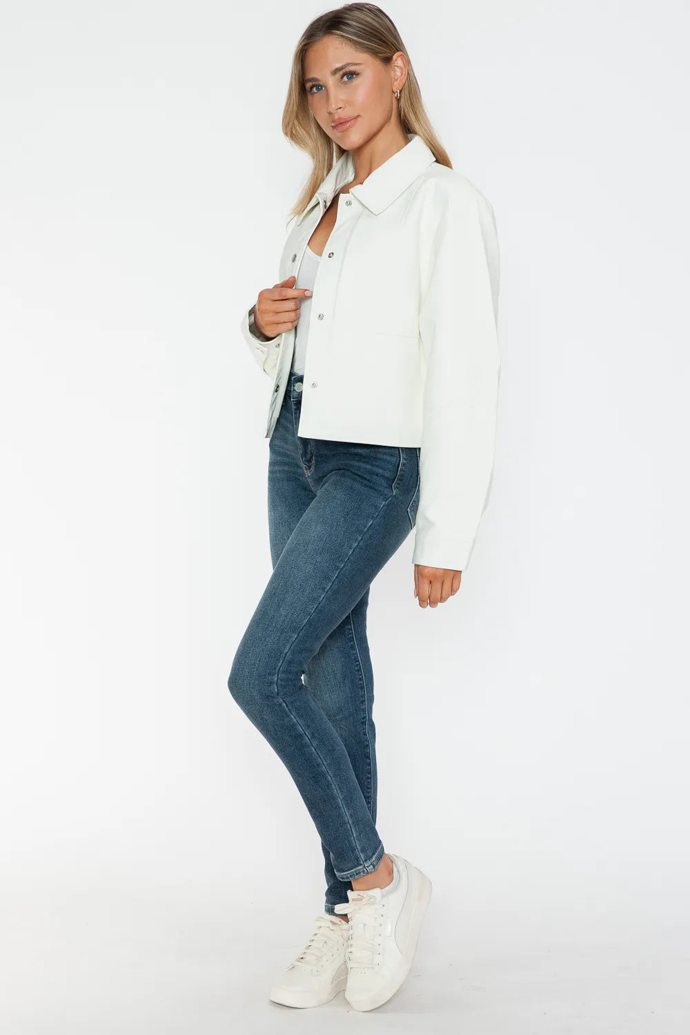Snobbish Snap Down Long Sleeve PU Leather Jacket - WYNFLARE