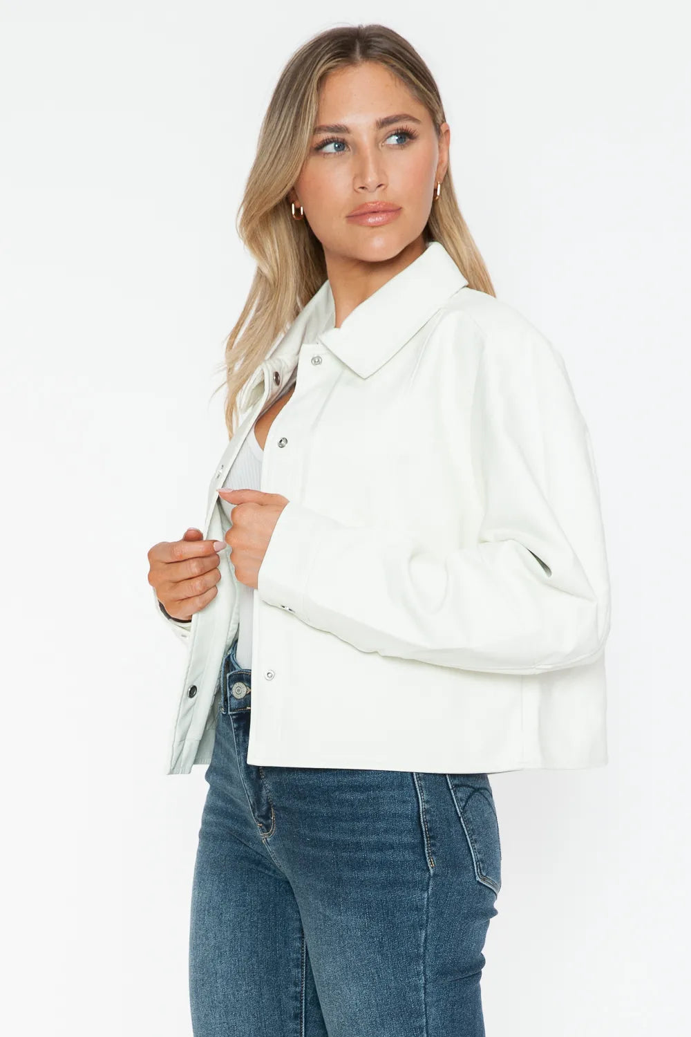 Snobbish Snap Down Long Sleeve PU Leather Jacket - WYNFLARE