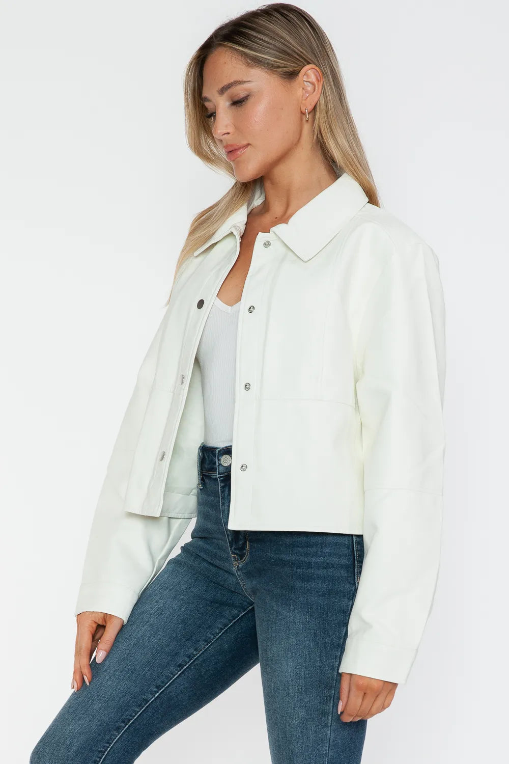 Snobbish Snap Down Long Sleeve PU Leather Jacket - WYNFLARE