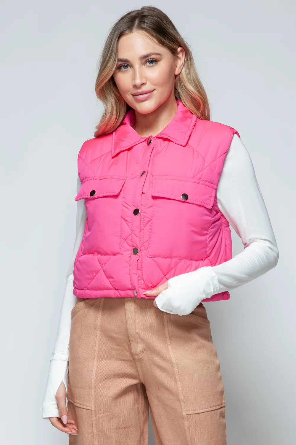 Snobbish Snap Down Quilted Crop Vest - WYNFLARE