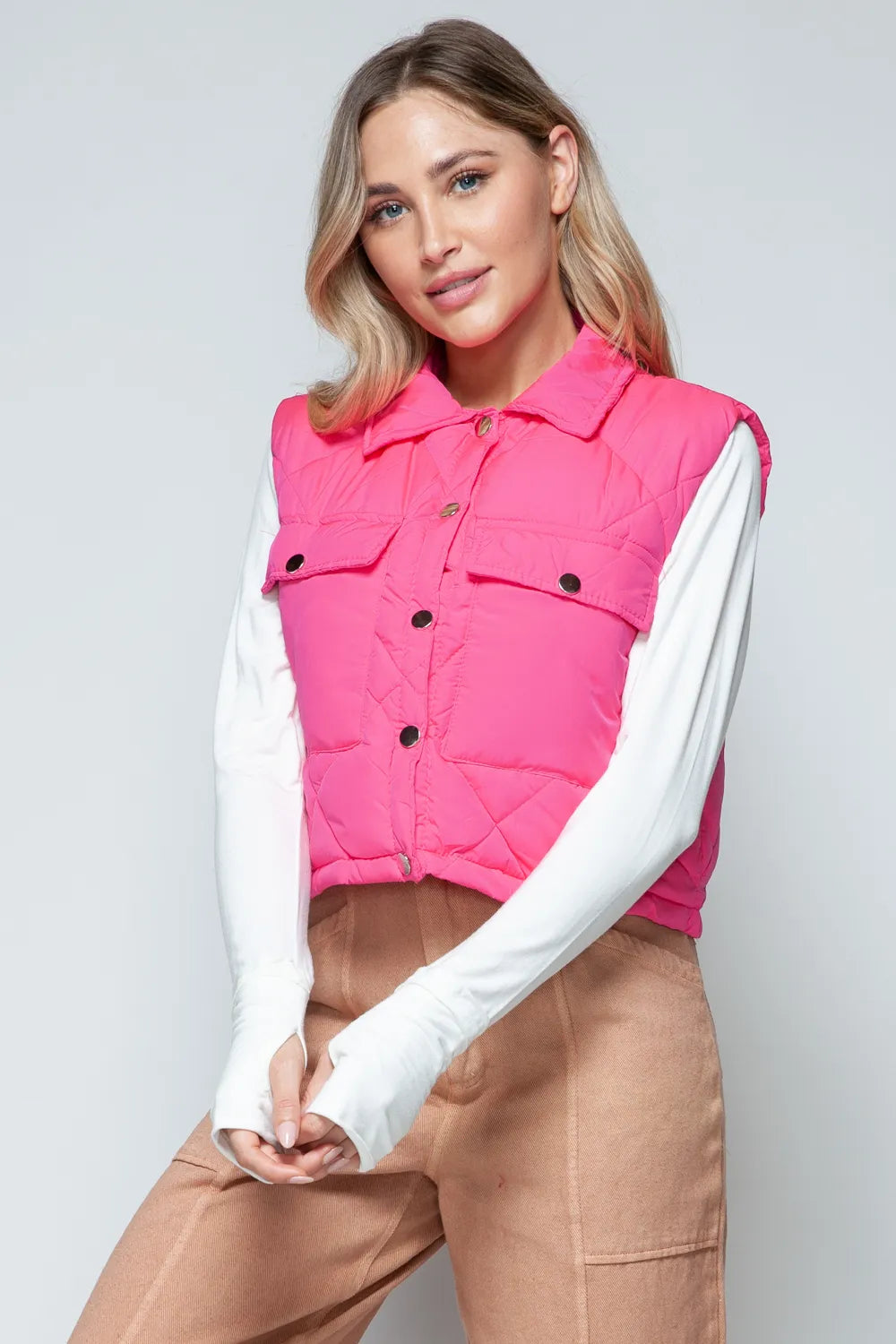 Snobbish Snap Down Quilted Crop Vest - WYNFLARE