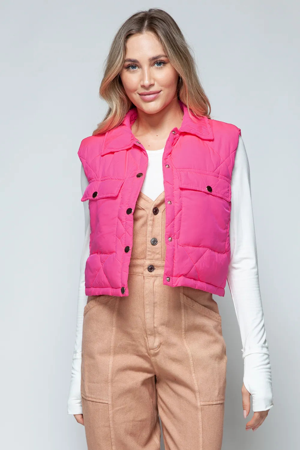 Snobbish Snap Down Quilted Crop Vest - WYNFLARE