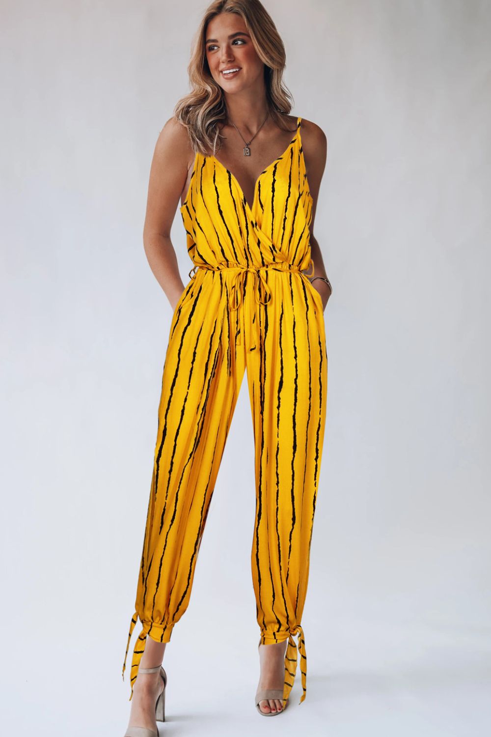 Striped Contrast Tie Ankle Spaghetti Strap Jumpsuit - WYNFLARE