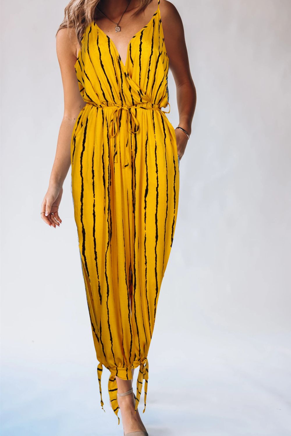 Striped Contrast Tie Ankle Spaghetti Strap Jumpsuit - WYNFLARE
