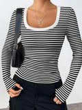 Striped Long Sleeve Scoop Neck T-Shirt - WYNFLARE