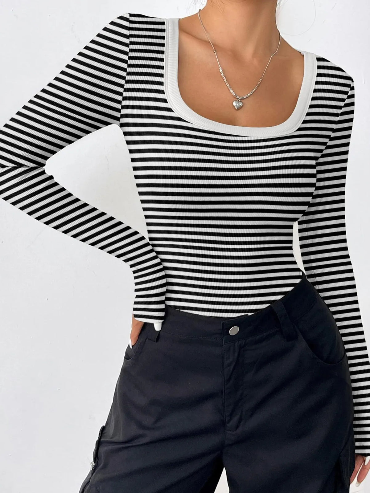 Striped Long Sleeve Scoop Neck T-Shirt - WYNFLARE