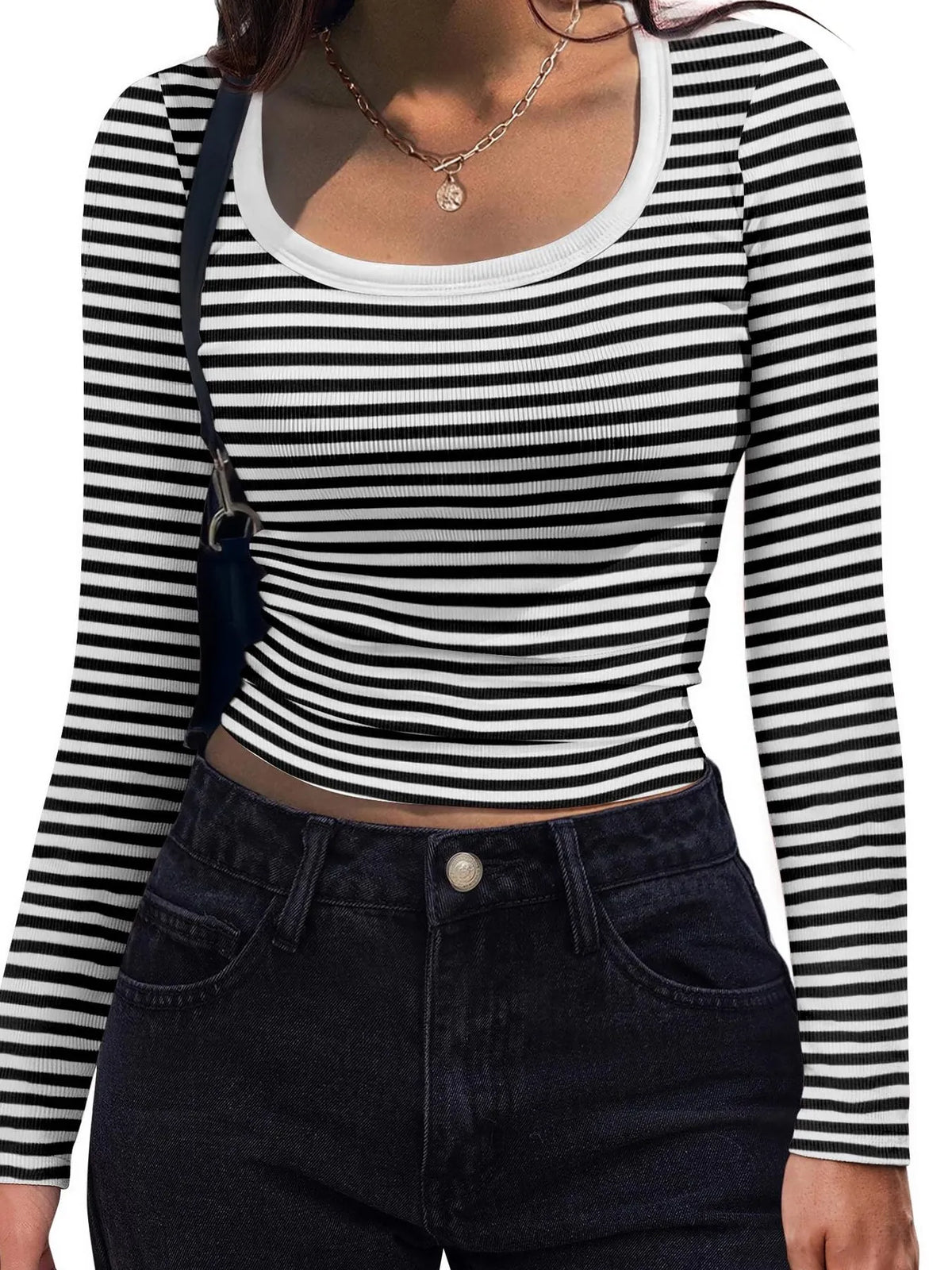 Striped Long Sleeve Scoop Neck T-Shirt - WYNFLARE