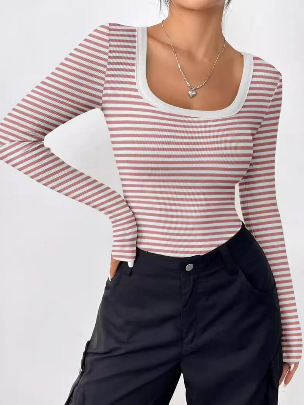Striped Long Sleeve Scoop Neck T-Shirt - WYNFLARE
