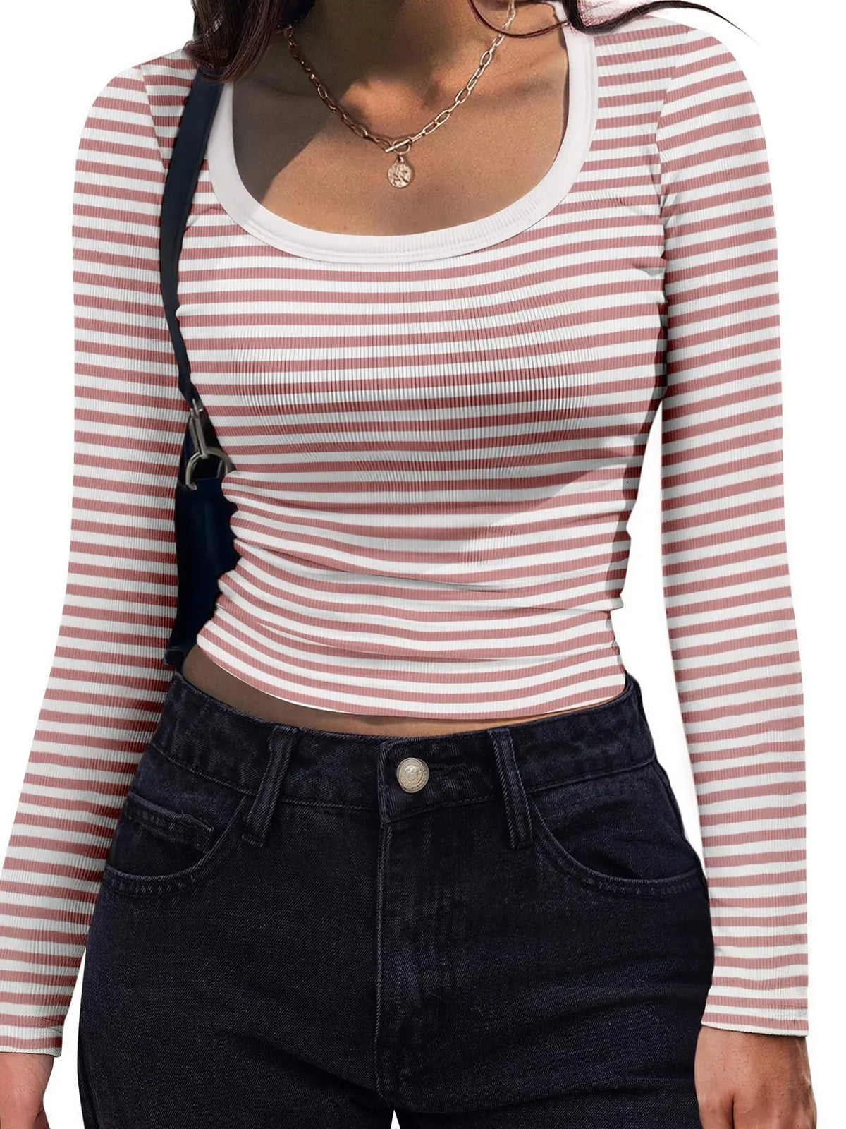 Striped Long Sleeve Scoop Neck T-Shirt - WYNFLARE