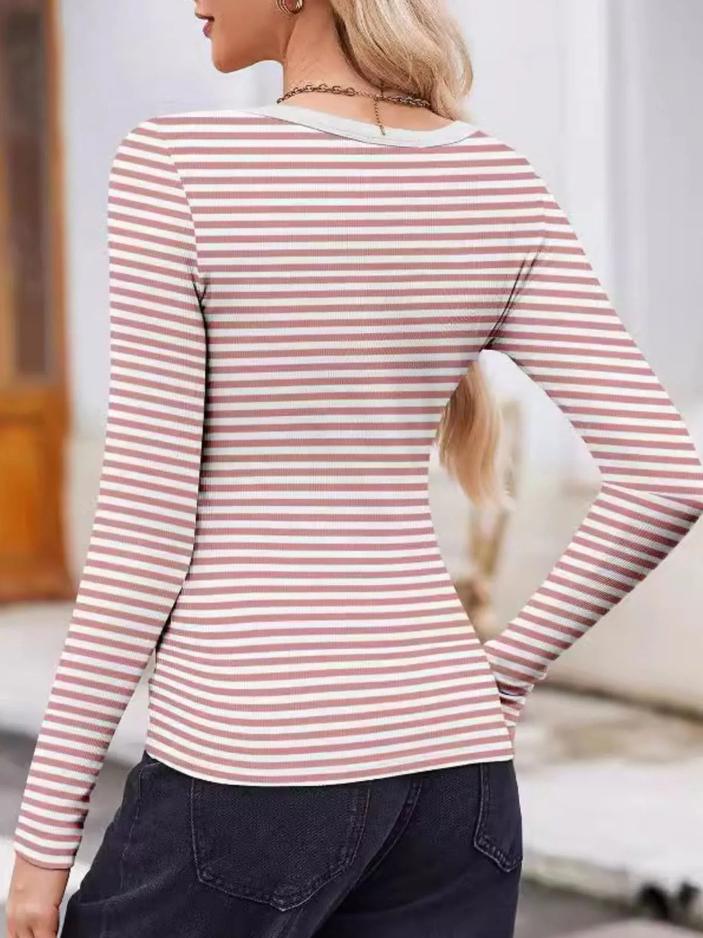 Striped Long Sleeve Scoop Neck T-Shirt - WYNFLARE