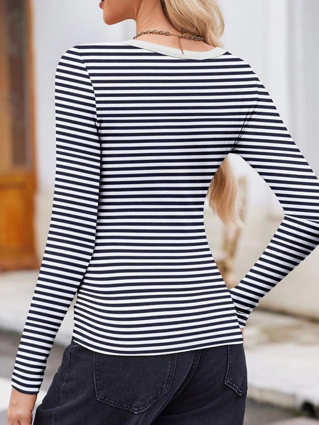 Striped Long Sleeve Scoop Neck T-Shirt - WYNFLARE
