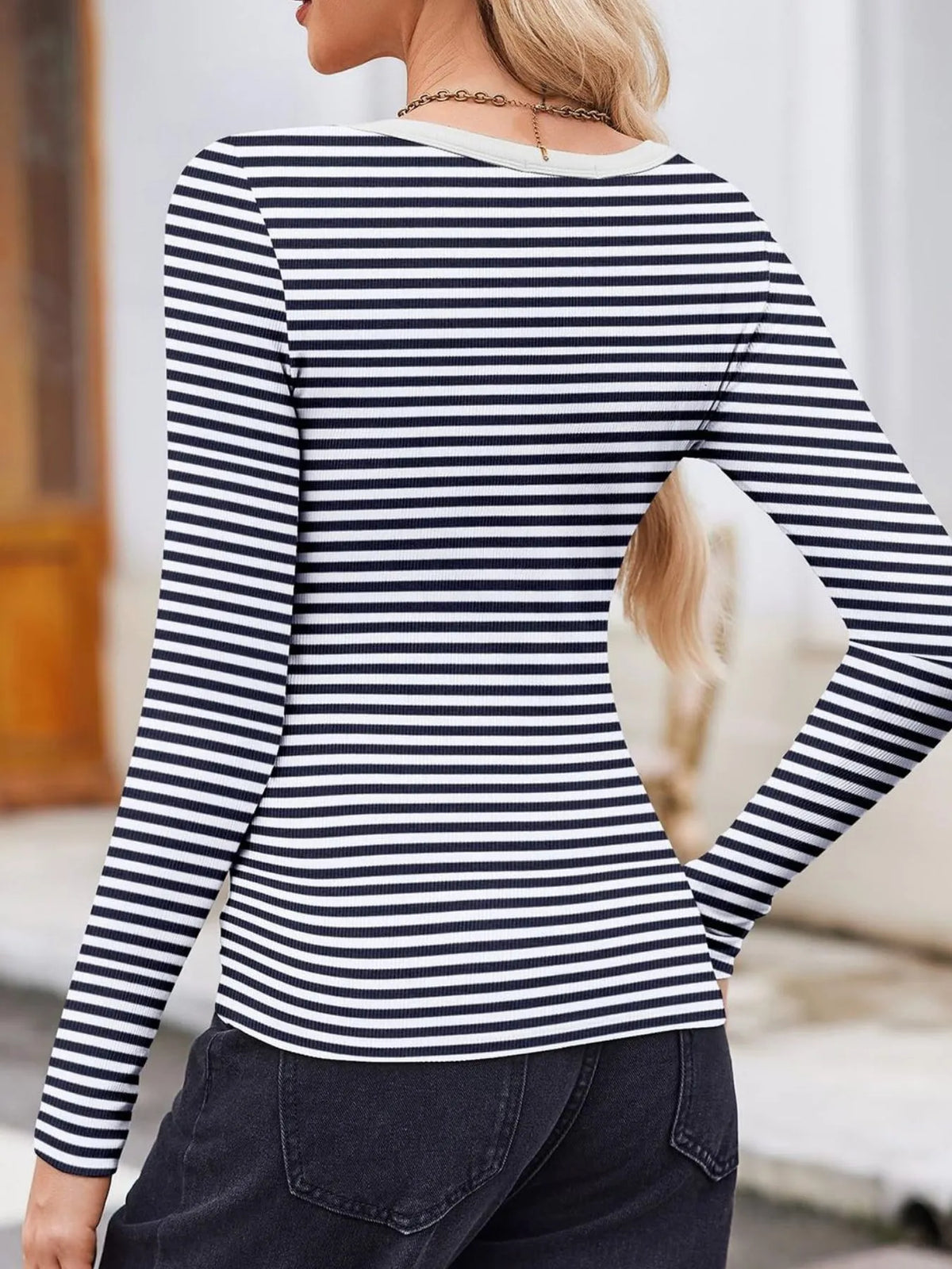 Striped Long Sleeve Scoop Neck T-Shirt - WYNFLARE