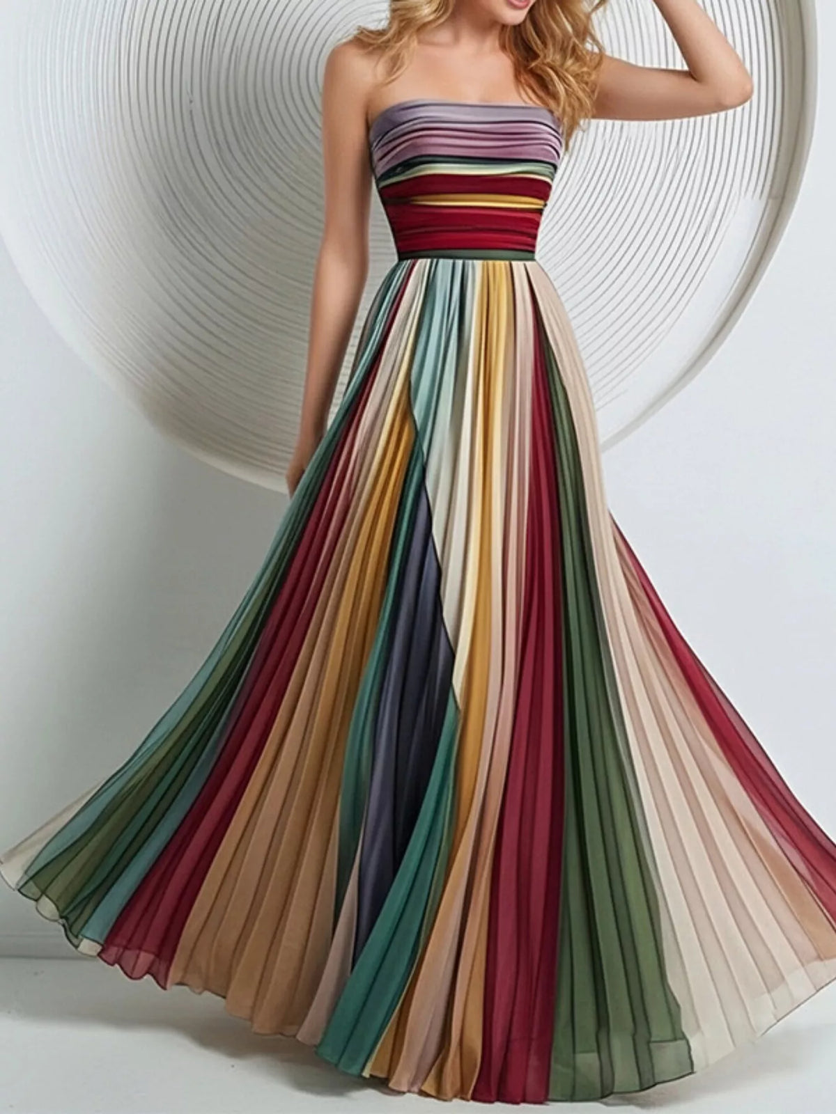 Striped Pleated Tube Maxi Dress - WYNFLARE