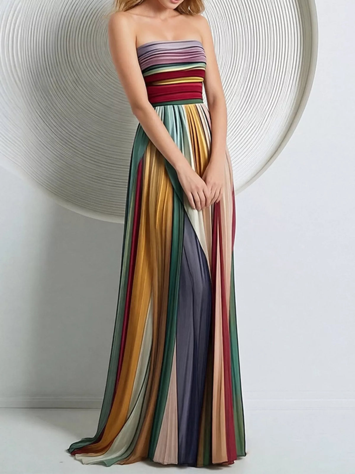 Striped Pleated Tube Maxi Dress - WYNFLARE