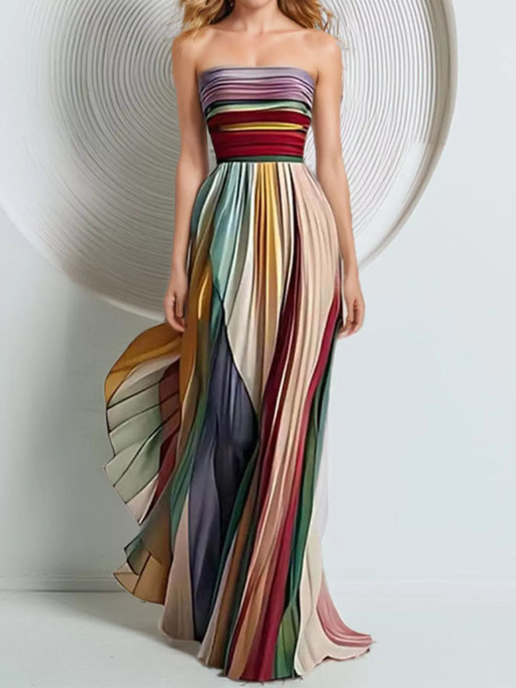 Striped Pleated Tube Maxi Dress - WYNFLARE