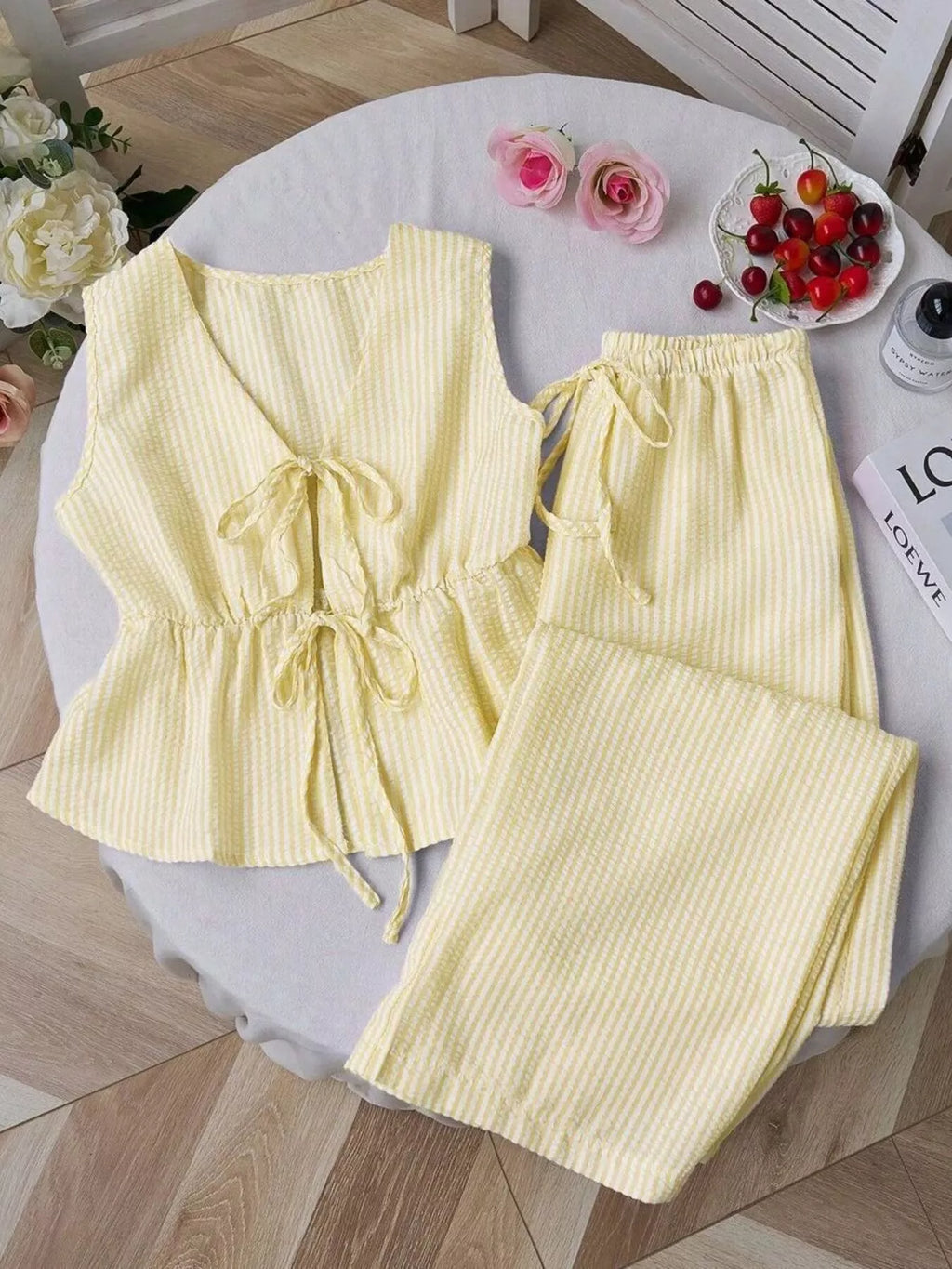 Striped Tie-Front Sleeveless Top and Pants Set - WYNFLARE