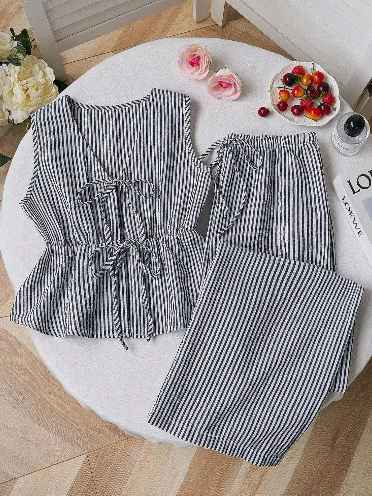 Striped Tie-Front Sleeveless Top and Pants Set - WYNFLARE