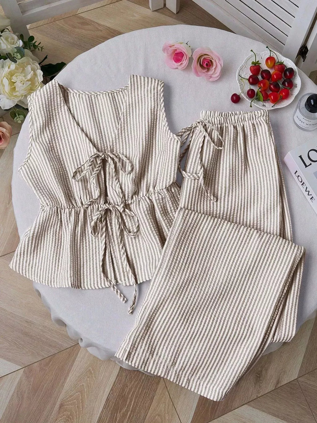 Striped Tie-Front Sleeveless Top and Pants Set - WYNFLARE