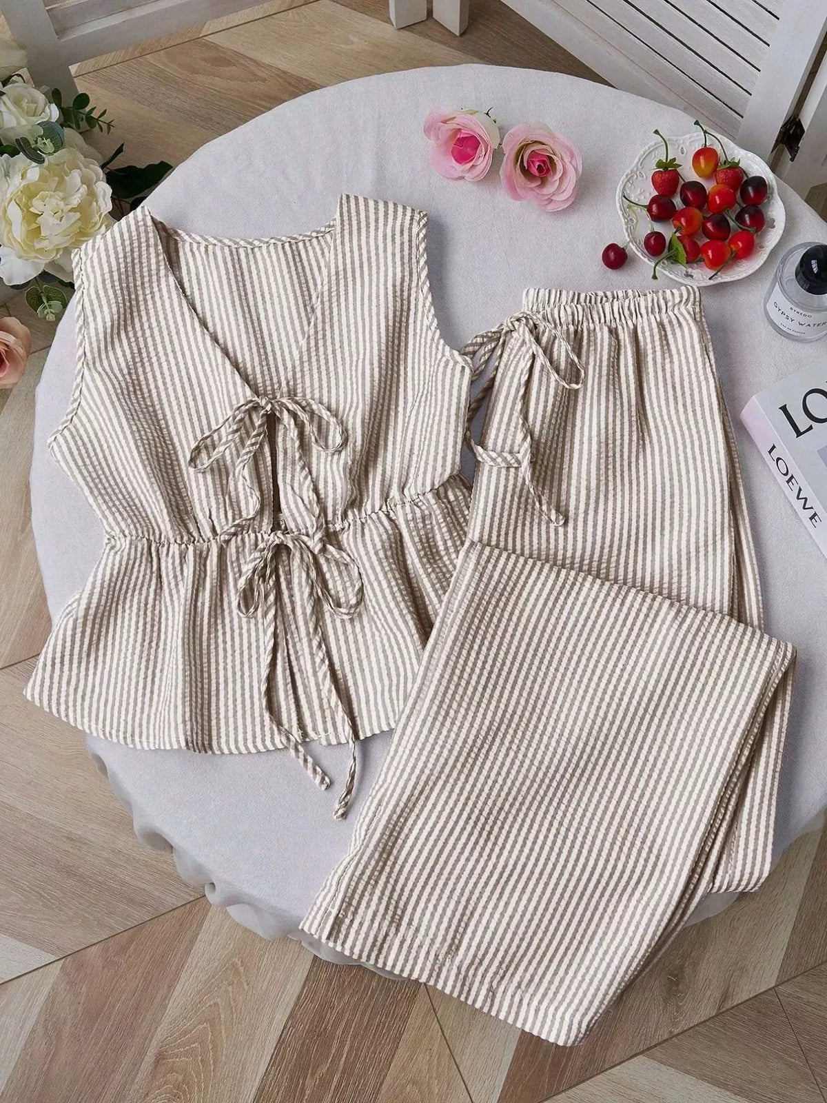 Striped Tie-Front Sleeveless Top and Pants Set - WYNFLARE