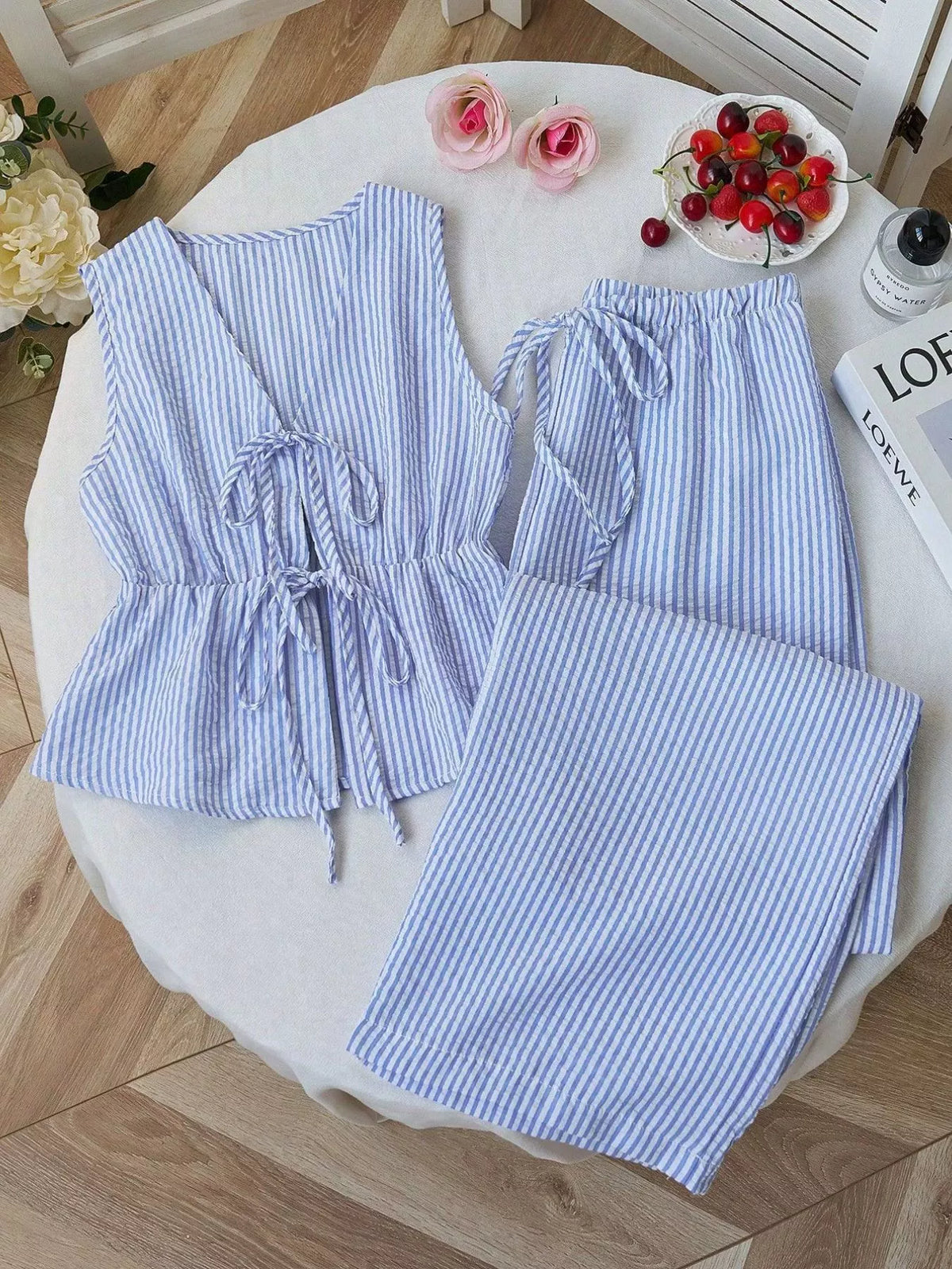 Striped Tie-Front Sleeveless Top and Pants Set - WYNFLARE