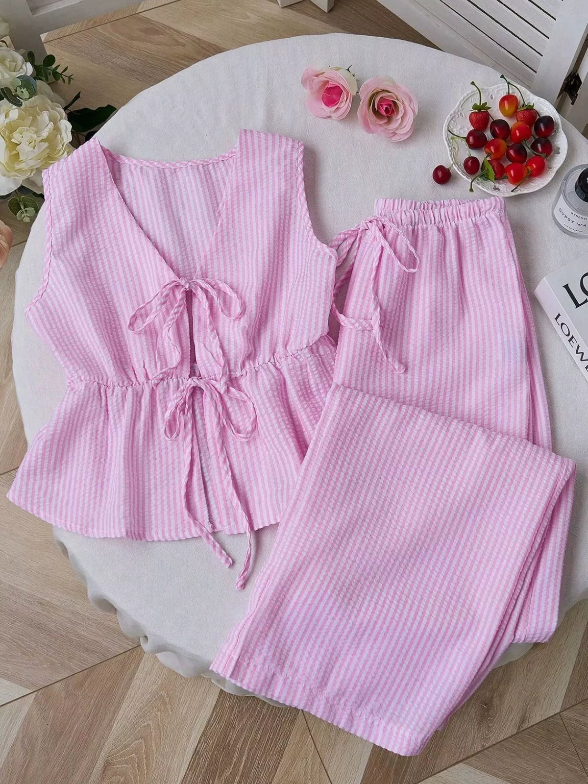 Striped Tie-Front Sleeveless Top and Pants Set - WYNFLARE
