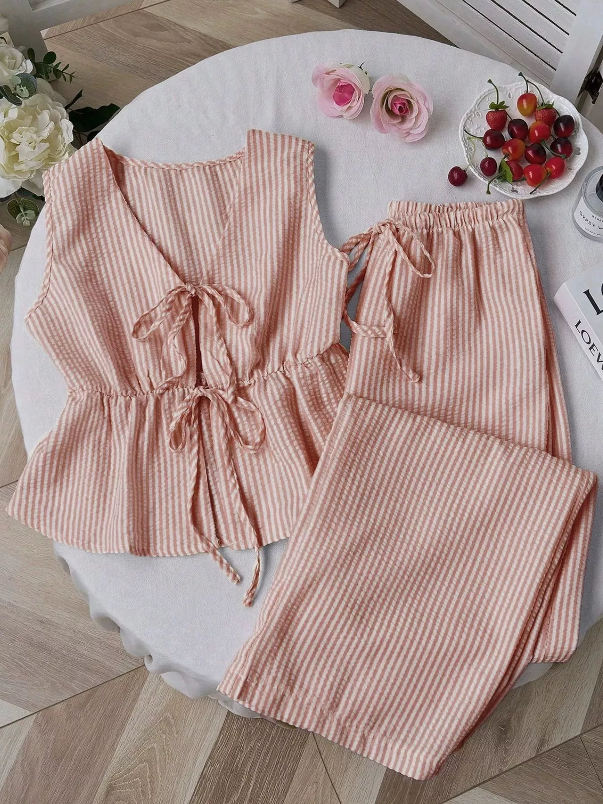 Striped Tie-Front Sleeveless Top and Pants Set - WYNFLARE
