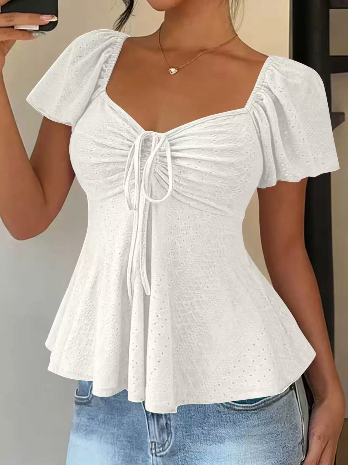 Sweetheart Neck Flutter Sleeve Top - WYNFLARE