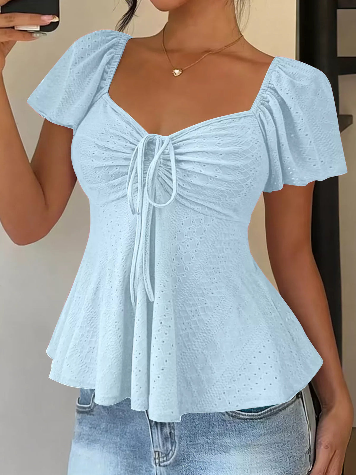 Sweetheart Neck Flutter Sleeve Top - WYNFLARE