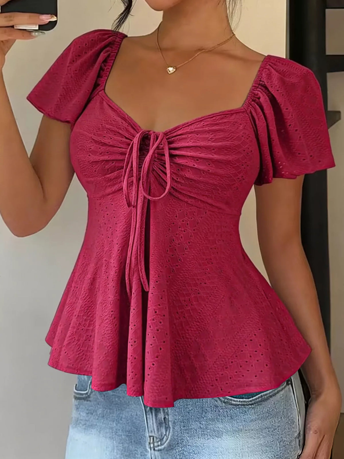 Sweetheart Neck Flutter Sleeve Top - WYNFLARE
