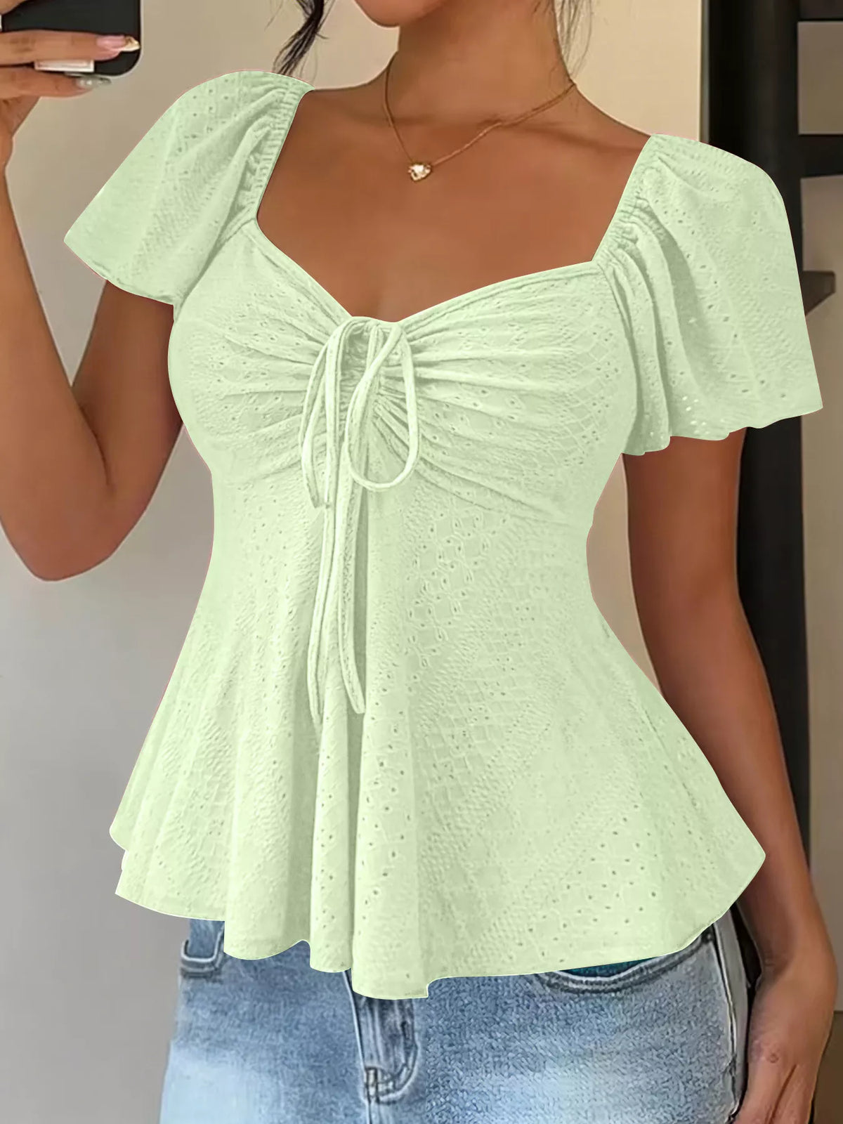 Sweetheart Neck Flutter Sleeve Top - WYNFLARE