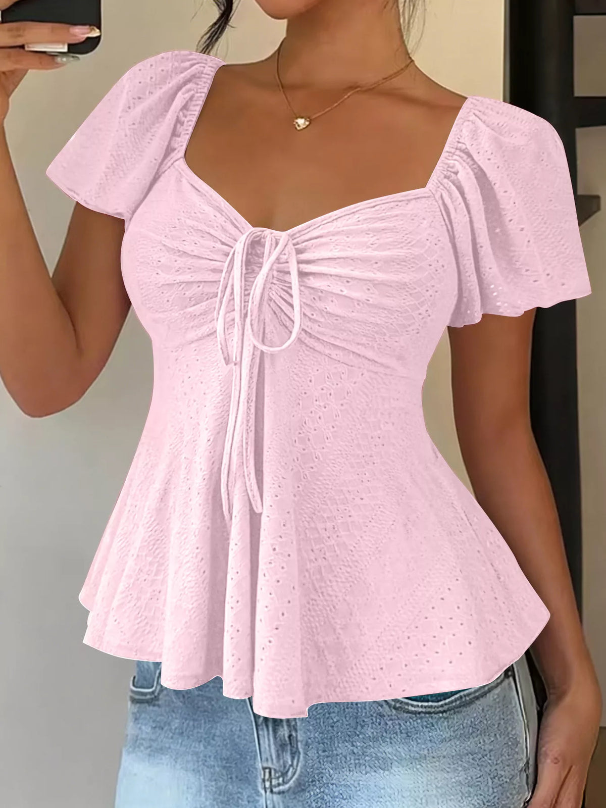 Sweetheart Neck Flutter Sleeve Top - WYNFLARE