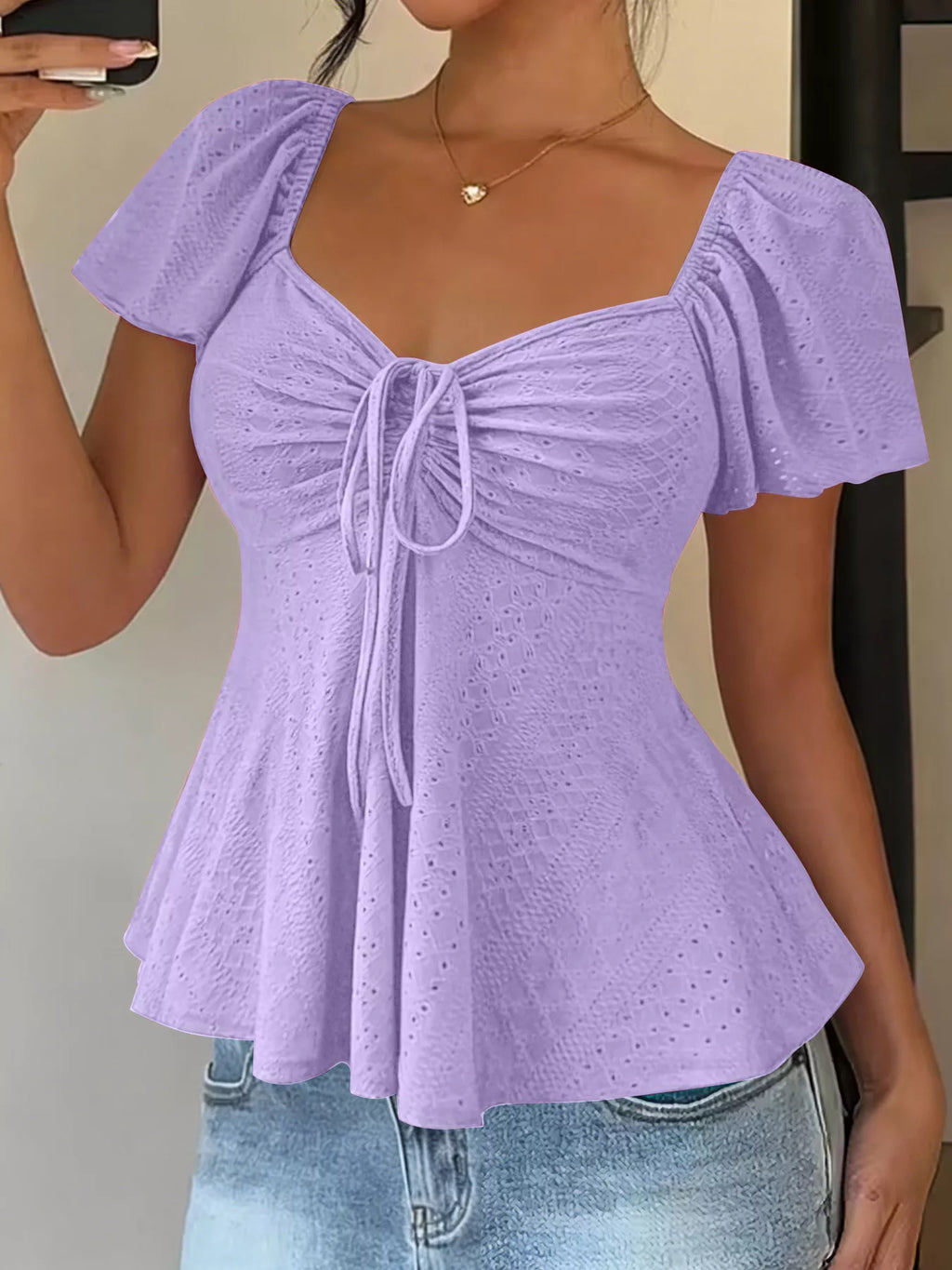 Sweetheart Neck Flutter Sleeve Top - WYNFLARE